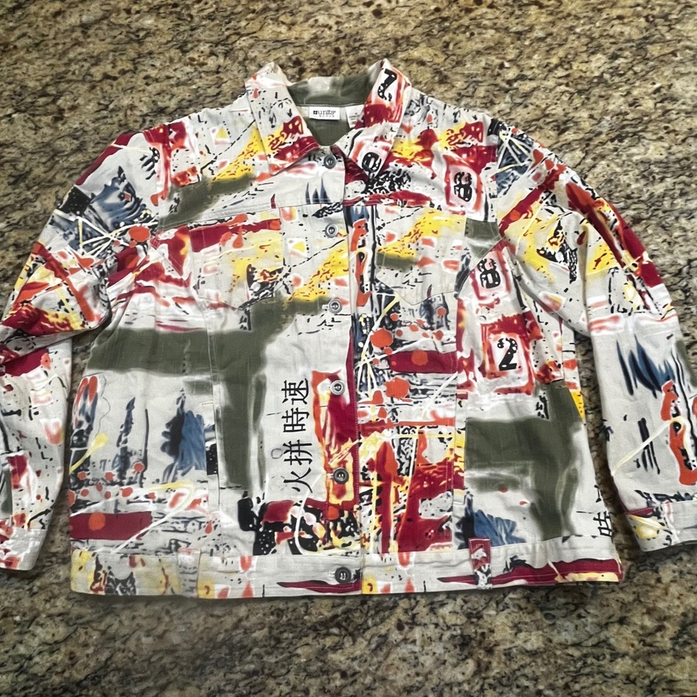 Units Woman Abstract Graffiti Print Cotton Jacket Plus 1X Multicolor Art To Wear